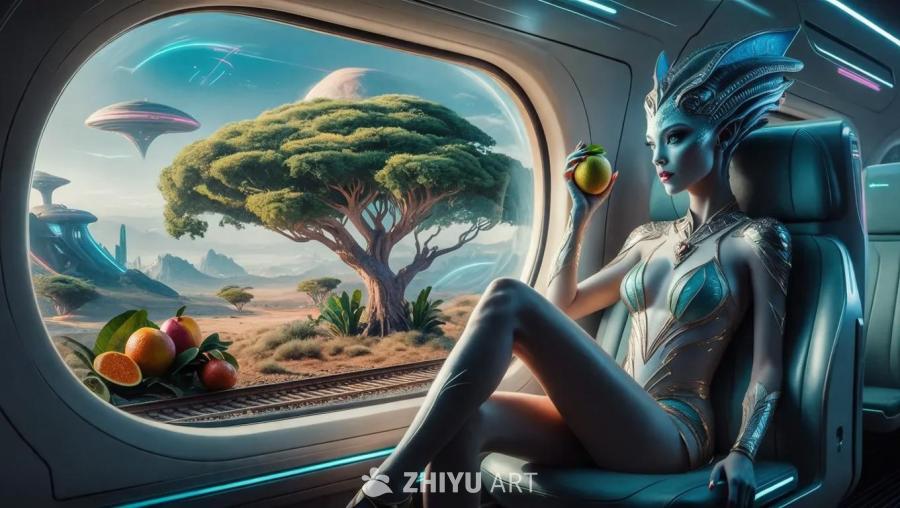一个穿着未来感服装的外星女性坐在外星特快列车内，她