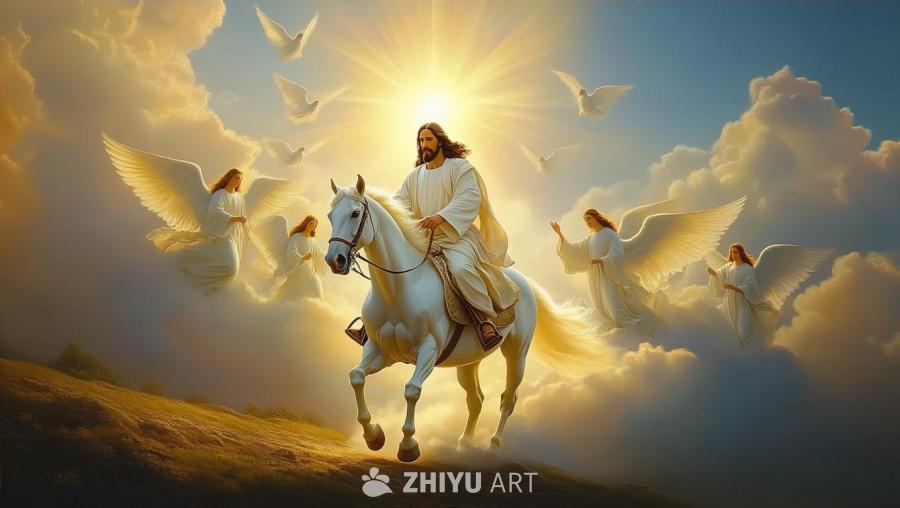 一位长发男子身着白色长袍，骑在一匹白色骏马上，马鞍