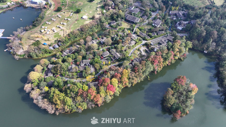 航拍水边枫叶美景  初冬枫叶似火 33