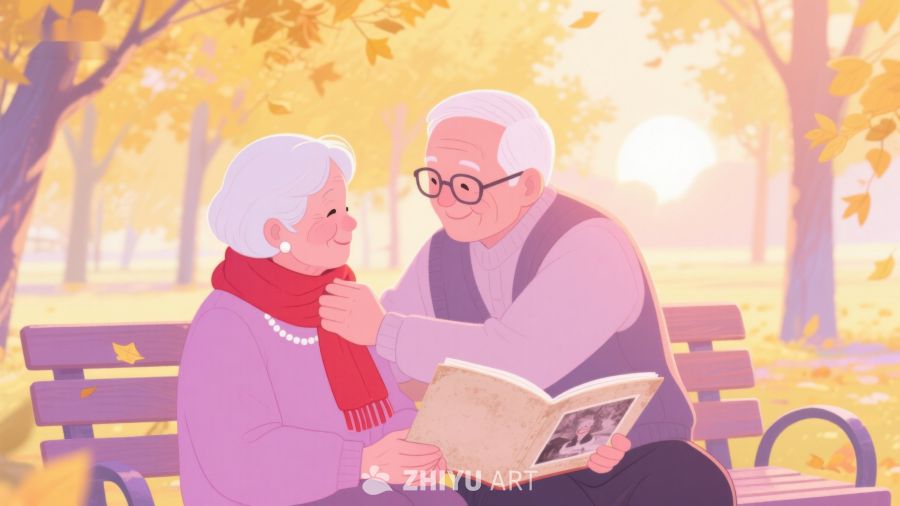 秋日公园中温馨的老年夫妇 294