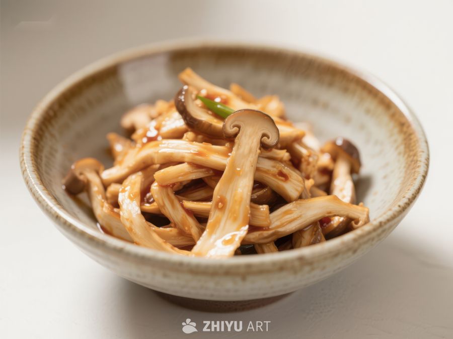 美味炒蘑菇盛于陶瓷碗中 987