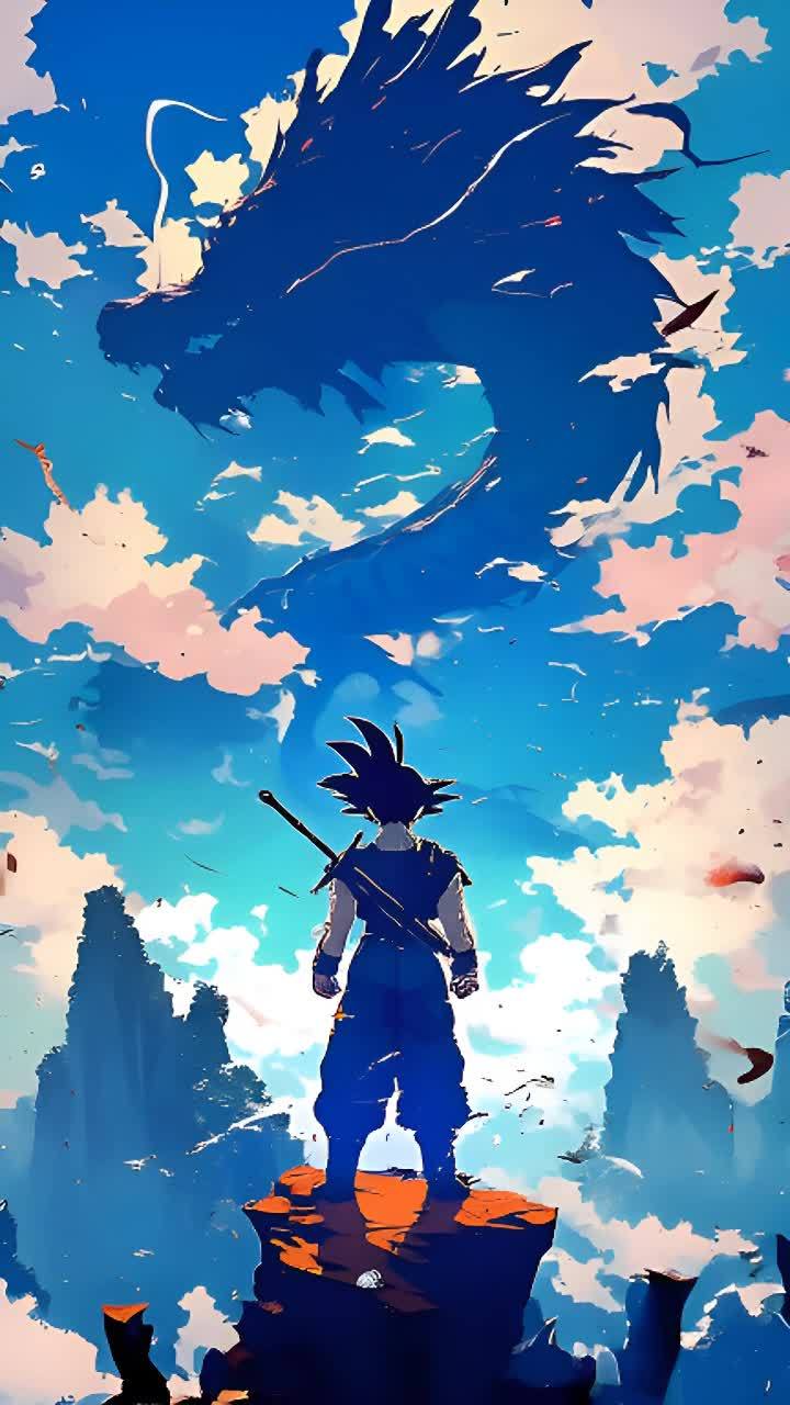 孙悟空站在悬崖边上，手持长棍，目光注视着天空中的巨