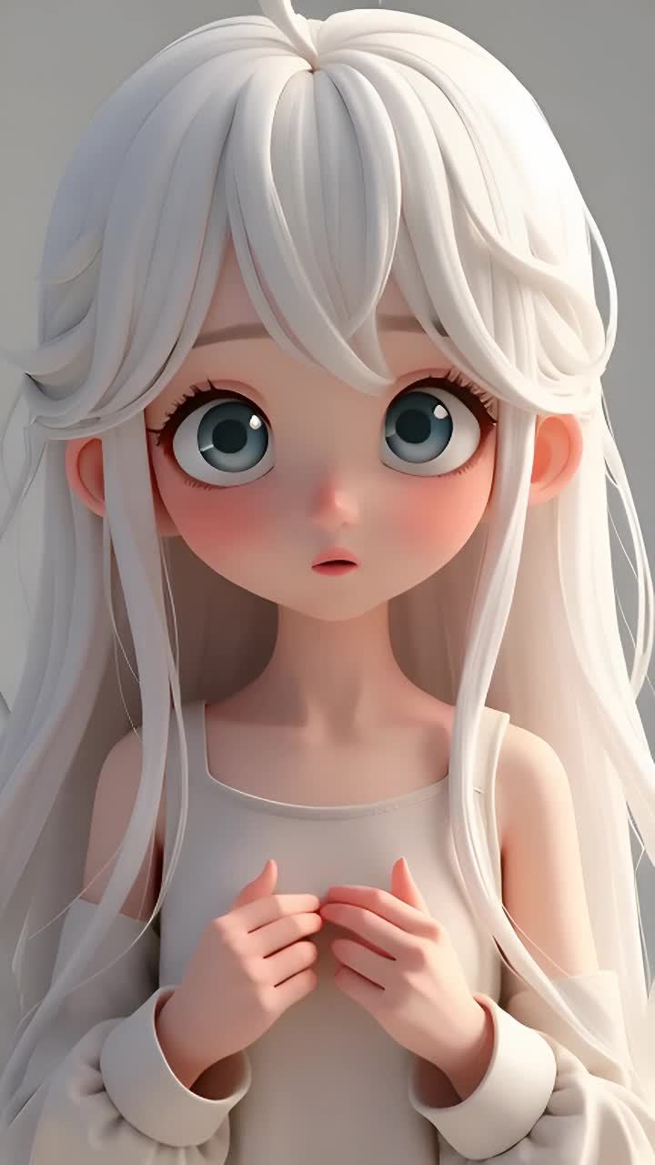 一个3D动画人物，全身视角，面部放大。人物面向观众