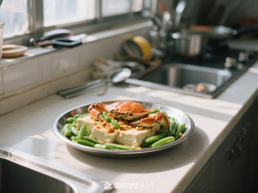 厨房台面上的美味蟹肉豆腐料理 73