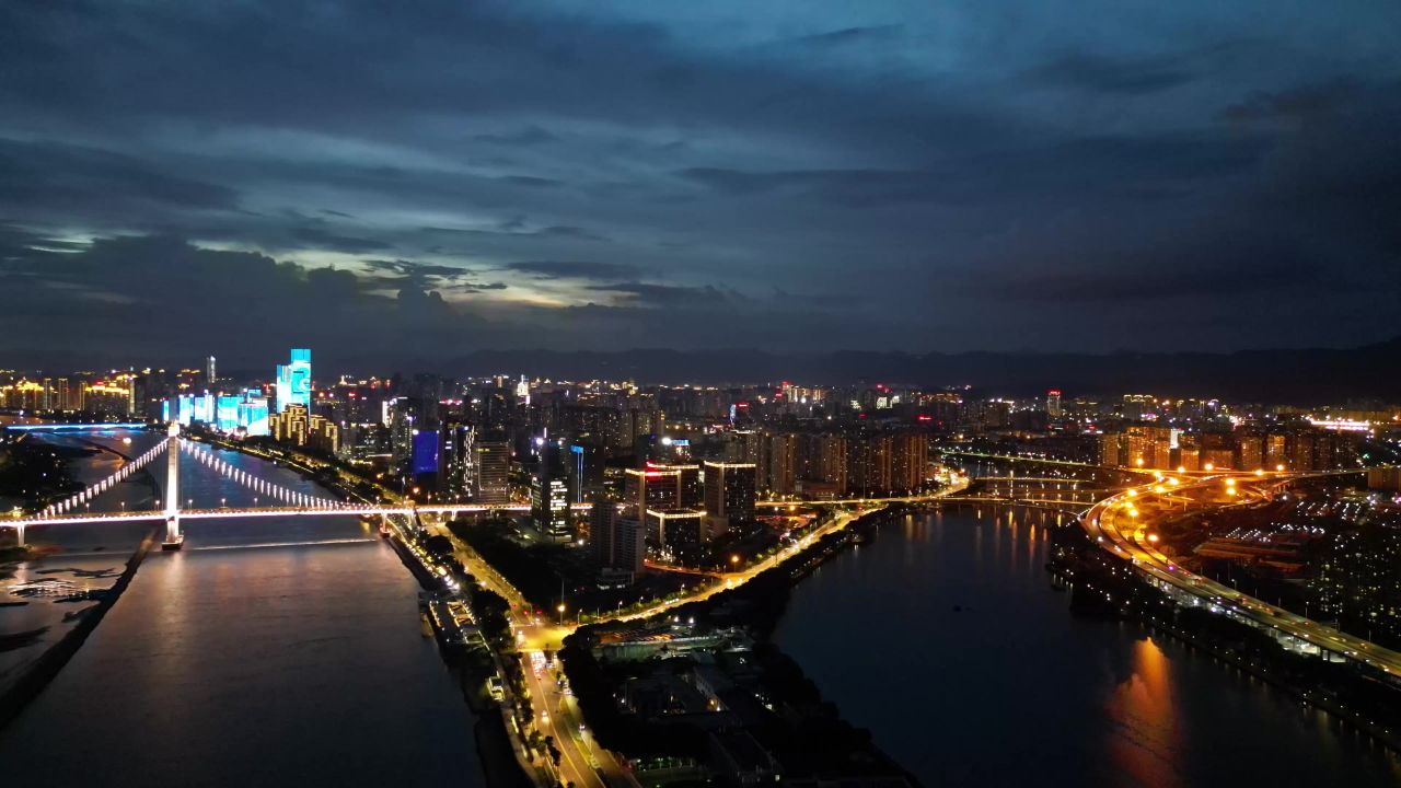  航拍福建福州城市夜景鼓山大桥
