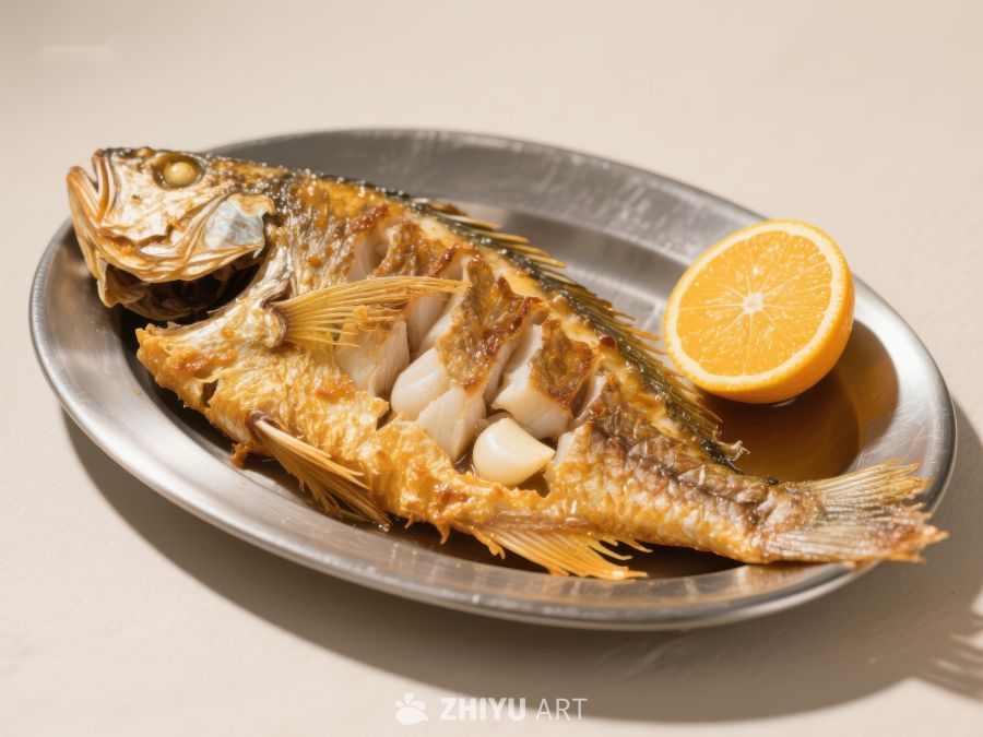 烤鱼配橙片，盘中美食 443