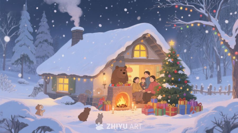 冬夜温馨小屋，家人围炉共度圣诞 66