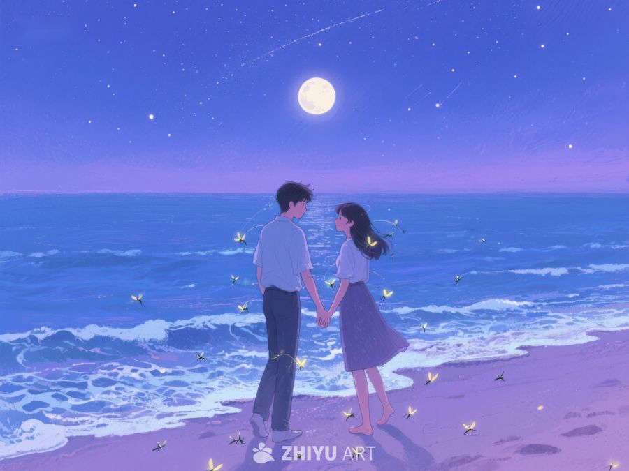 月下海边漫步的情侣 1100