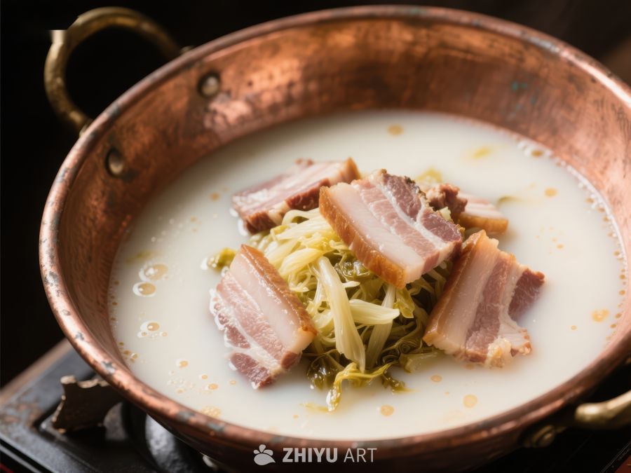 铜锅中的浓汤配腌菜和肉片 747