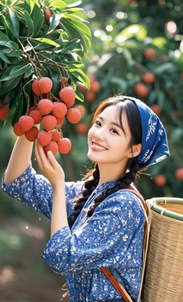 采摘荔枝的年轻女子，笑容甜美，丰收喜悦