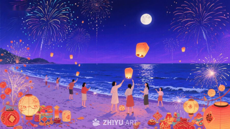 海滩夜景：放飞孔明灯与烟花 331