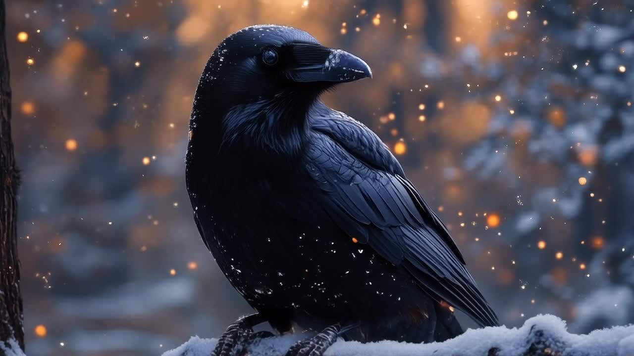 一只黑色的乌鸦站在覆盖着雪的树枝上，背景中有许多橘