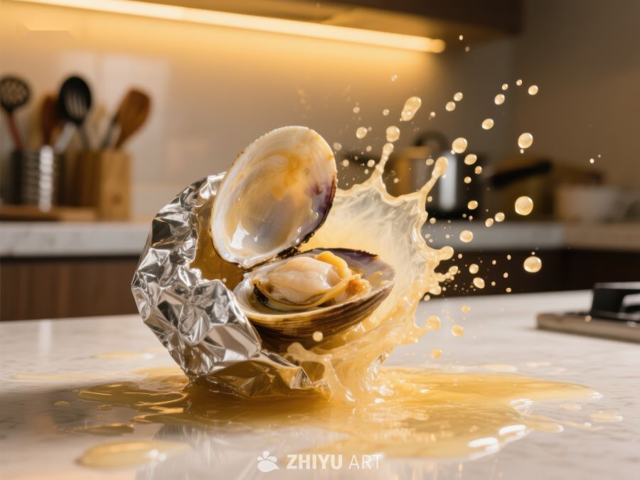 贝壳破裂，液体四溅的瞬间