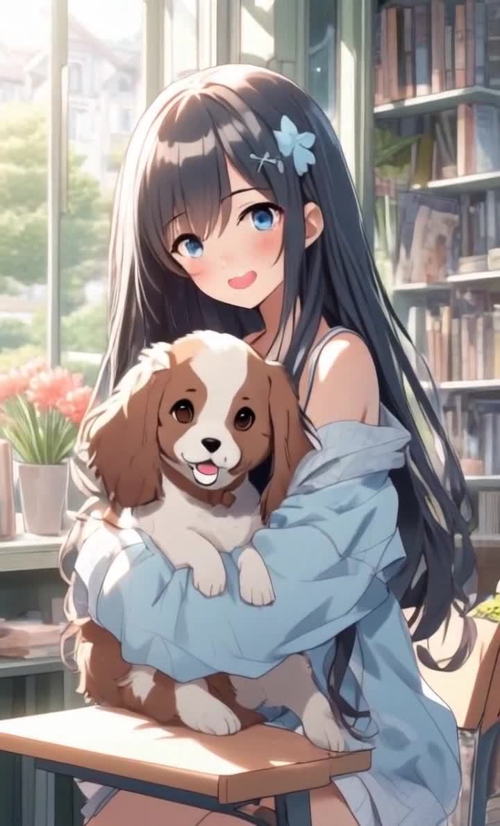 一个年轻女性抱着一只小狗。女性留着深色长发，头发上