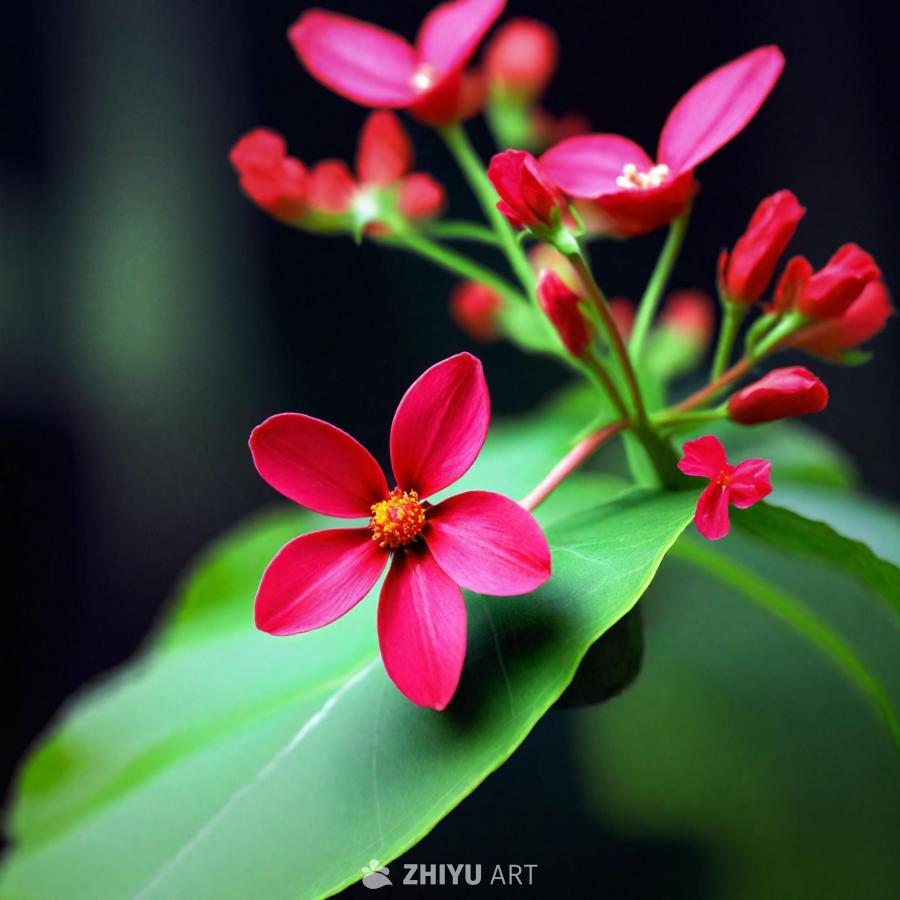 一朵红色的花朵特写，花朵有着绿色的茎，周围环绕着绿