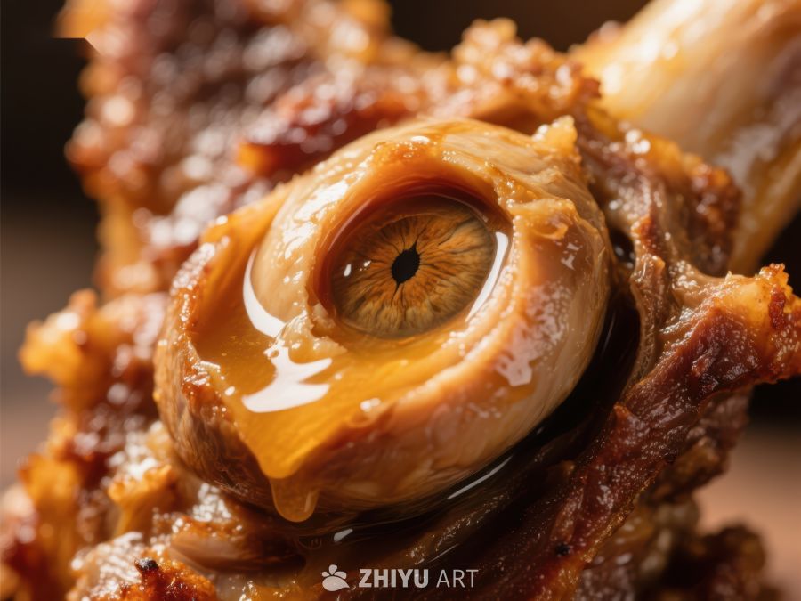 烤肉上的奇异眼睛特写