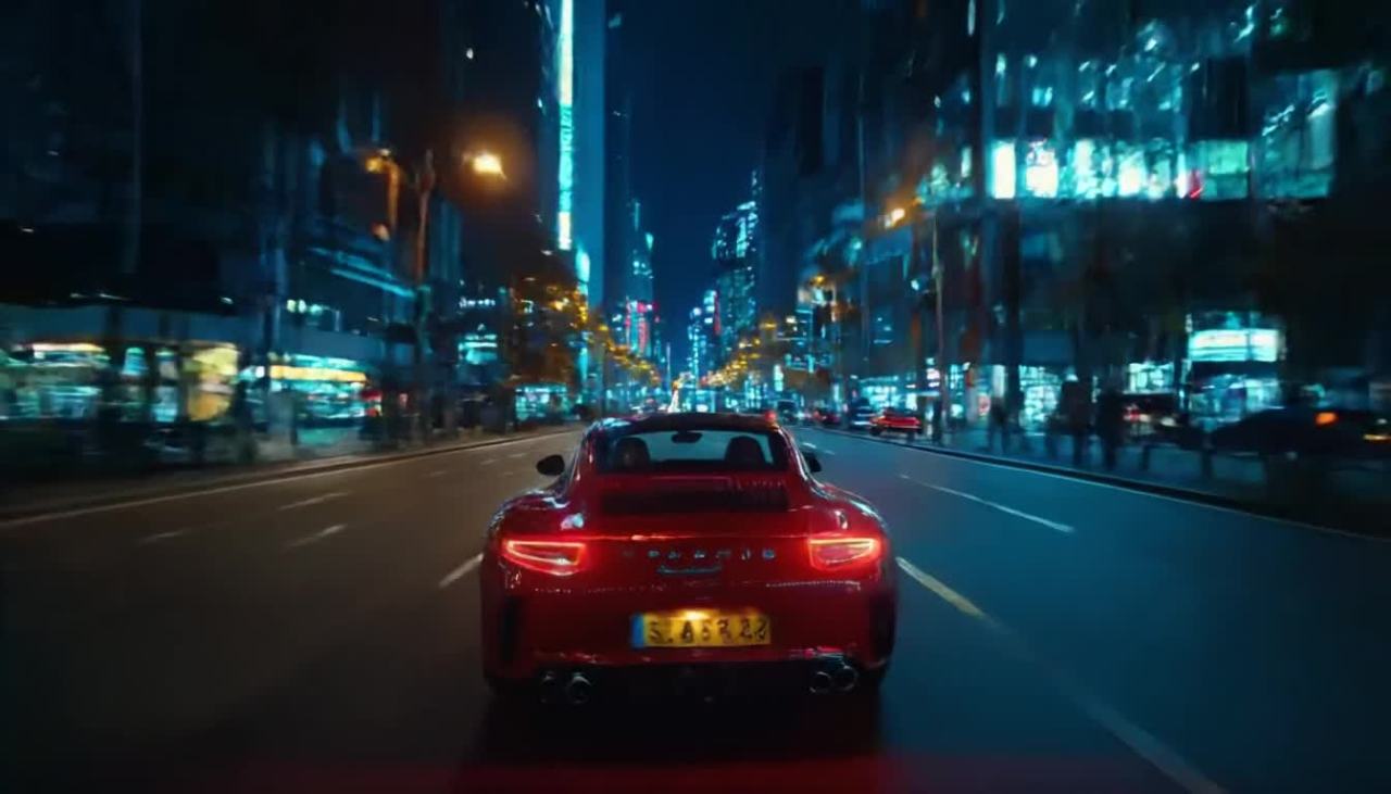 一辆红色的汽车在夜间的城市街道上行驶，周围有其他车