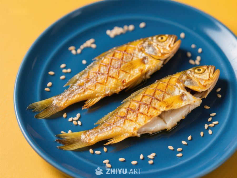 烤鱼配芝麻，蓝色盘中呈现 446
