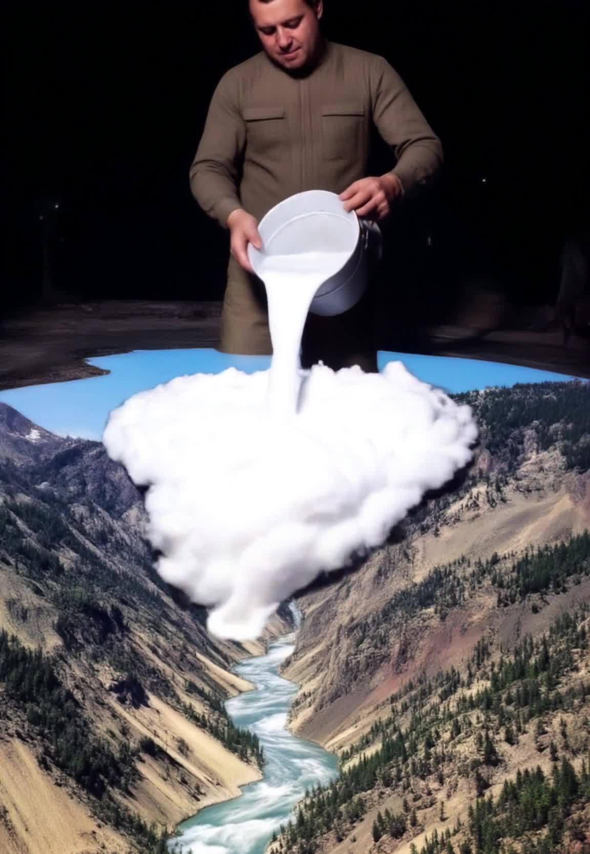 卡其色男人倾倒白色液体造景山谷瀑布河流