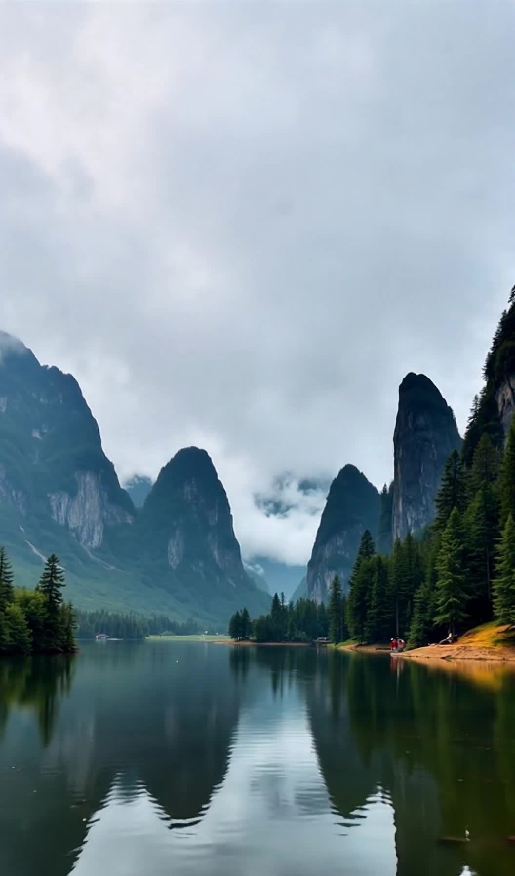 连绵的群山笼罩着云雾，清澈的湖面平静如镜。湖水倒映