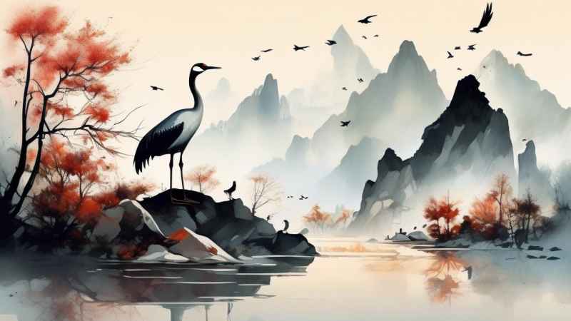 国风山水鹤插画背景 80