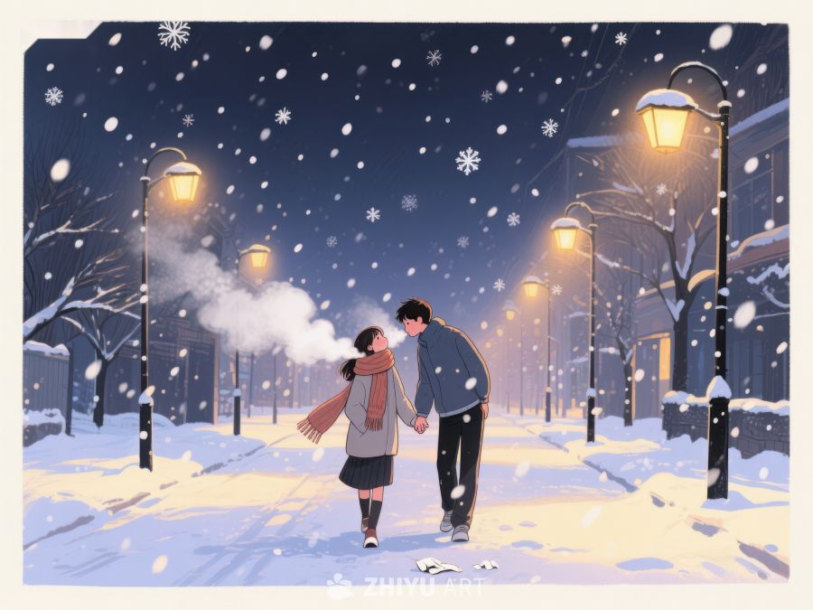 冬夜漫步：情侣雪中温馨同行 176