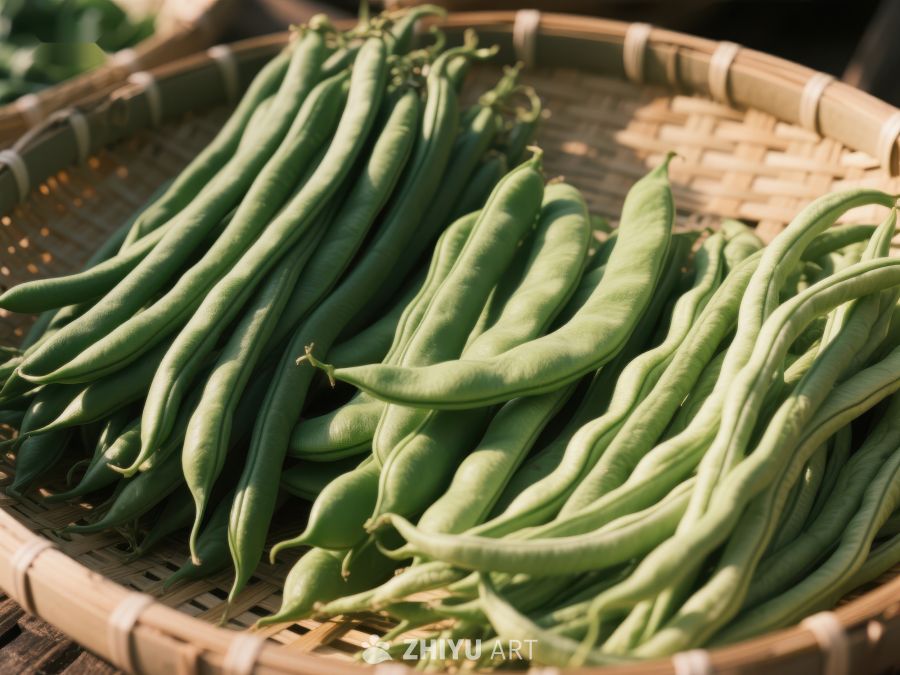 新鲜绿色豆角置于竹篮中 473