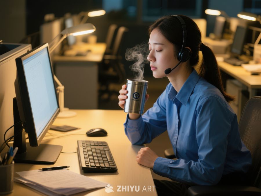 客服人员深夜工作，手握热饮 200