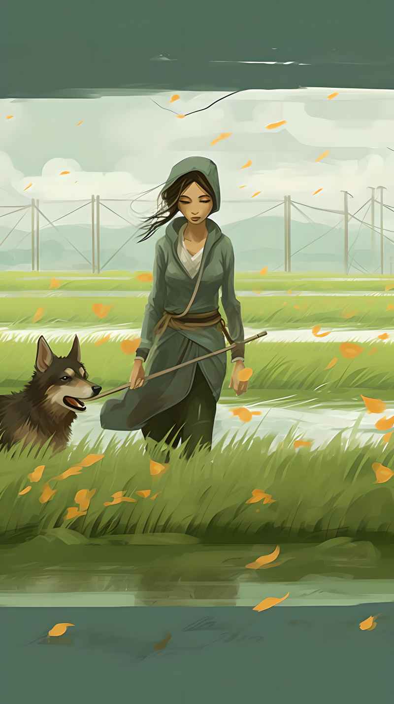 女人站在稻田与狗绿色插画 17