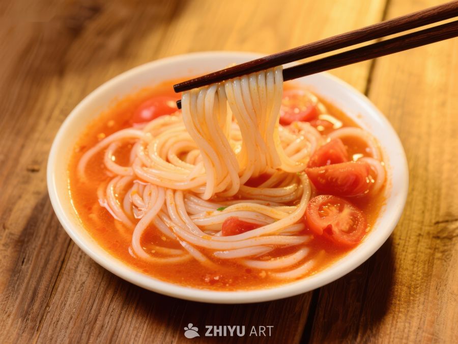 筷子夹起碗中的番茄面条 724