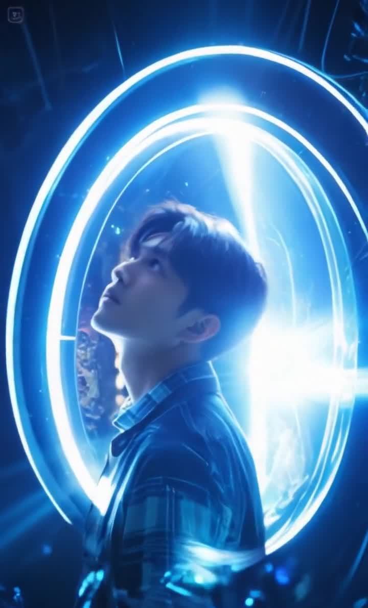 男子仰望蓝色光环科幻隧道