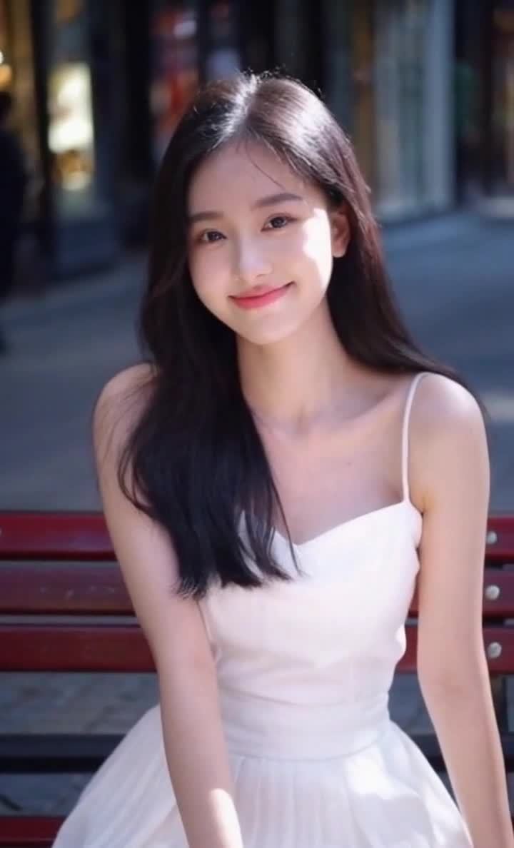 微笑的亚洲女孩坐在长椅上，穿着白色连衣裙。