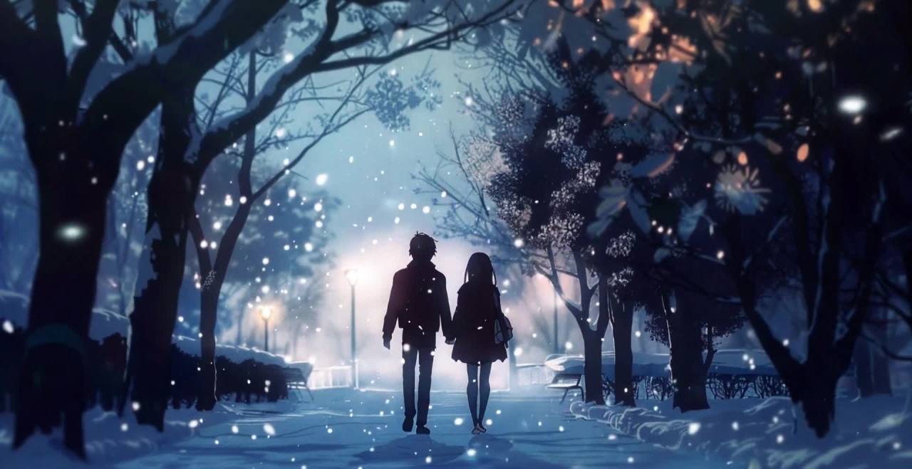 雪夜公园情侣漫步，浪漫温馨的动漫风光。