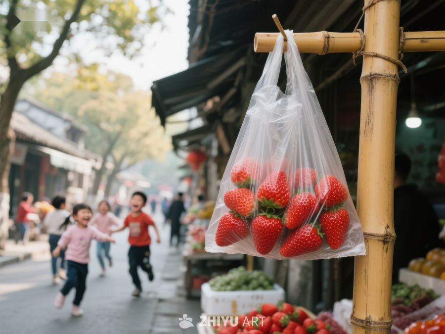 街市草莓挂袋，孩童嬉戏其间 302