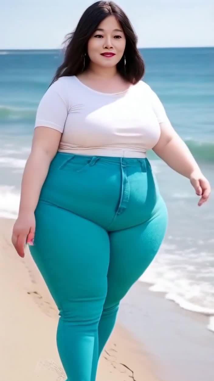 海滩上的微胖女性，蓝色裤子配白上衣微笑漫步。