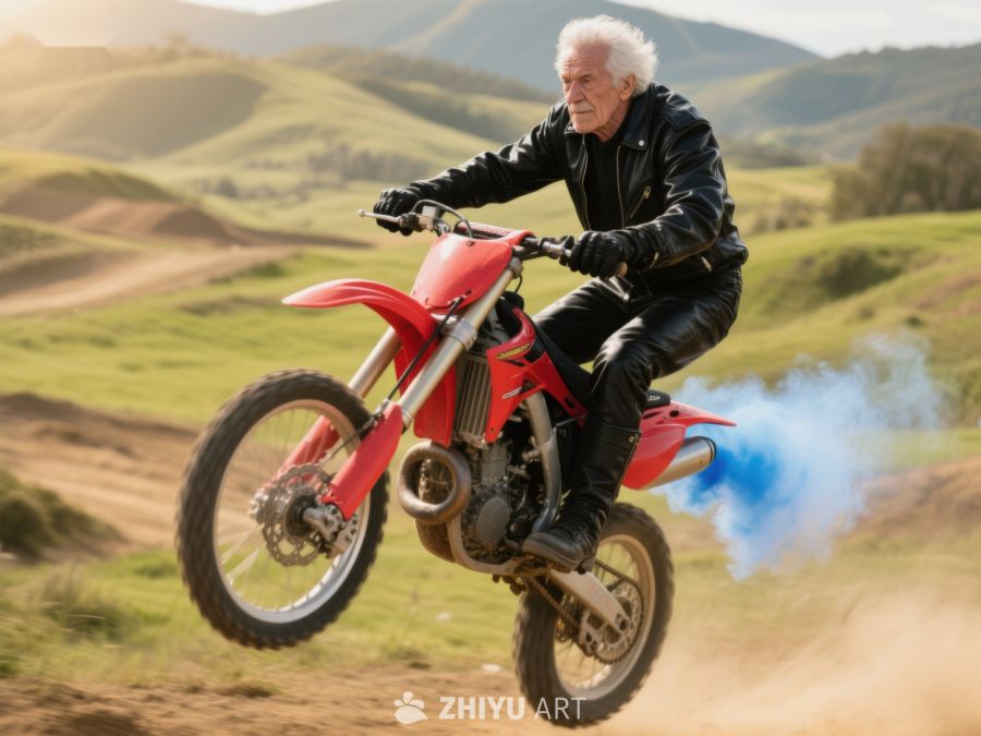 老人驾驶红色摩托车在田野中驰骋 412