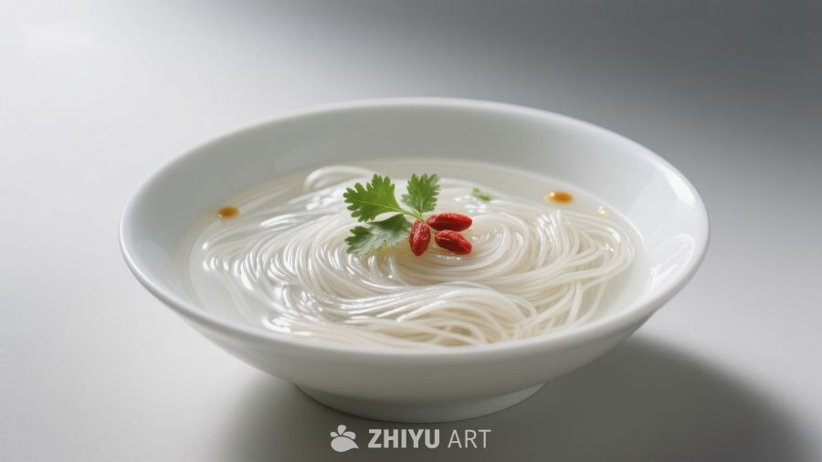 清汤米线，点缀香菜与枸杞