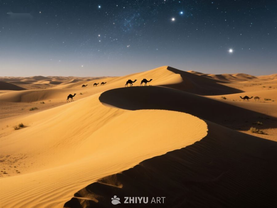 沙漠夜景：骆驼行走在沙丘上 84
