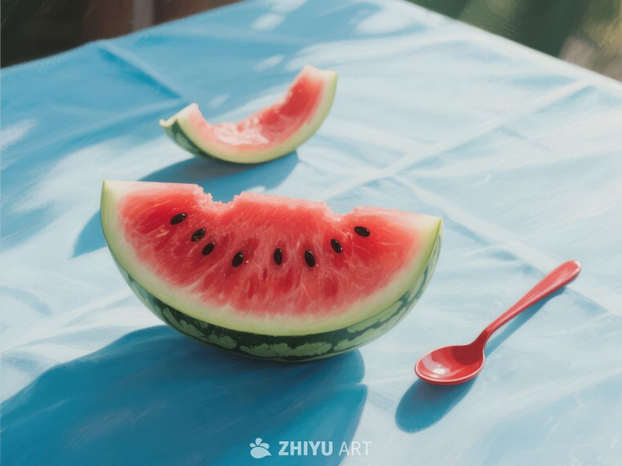 切开的西瓜与红色勺子 403