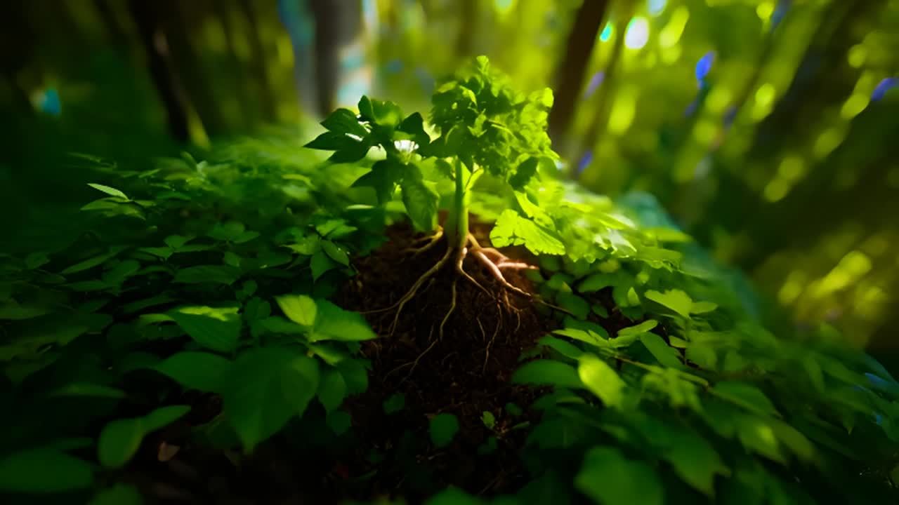 一棵树从茂密的森林地面生长出来，根部穿破土壤，树干