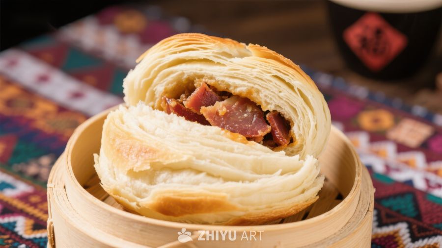 酥皮肉馅包子特写