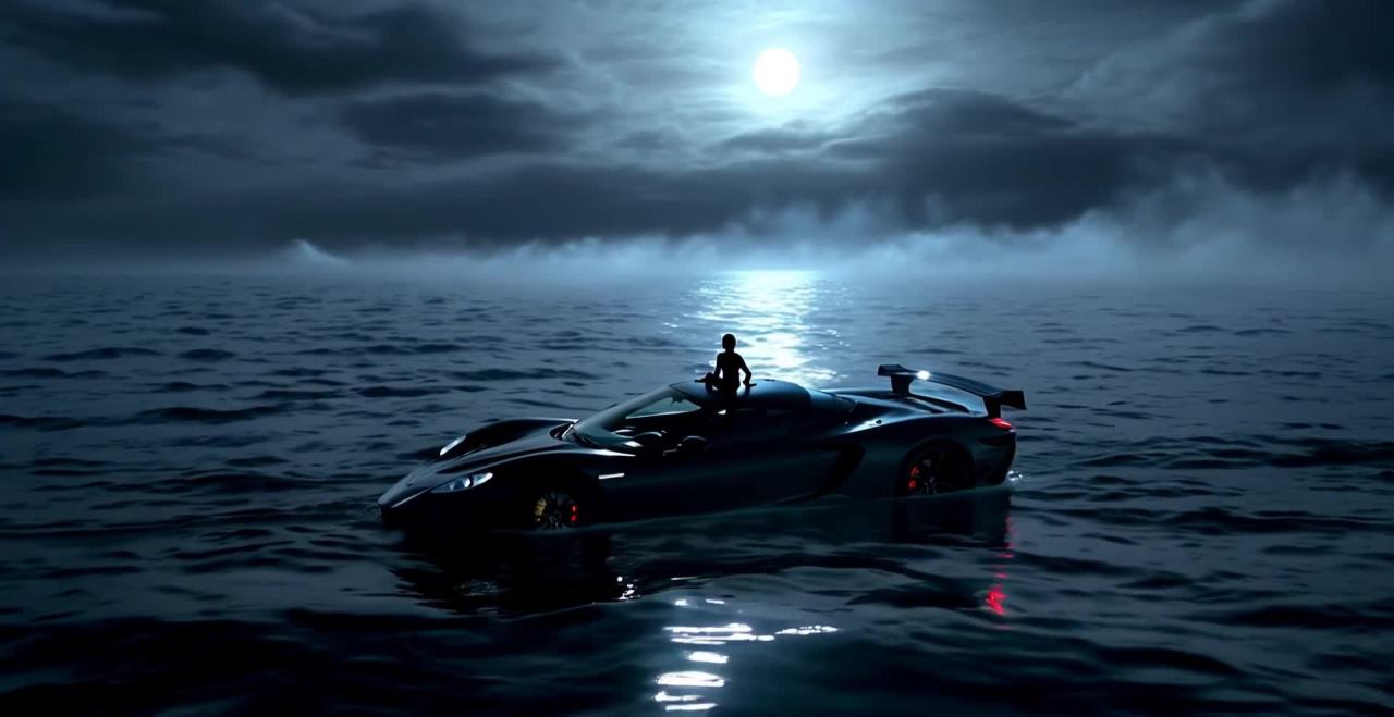 月夜海上汽车漂流与孤寂的人影