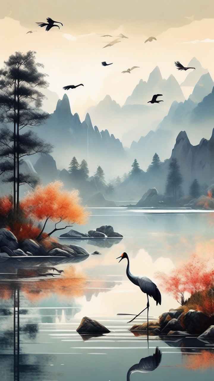国风山水鹤插画背景 8