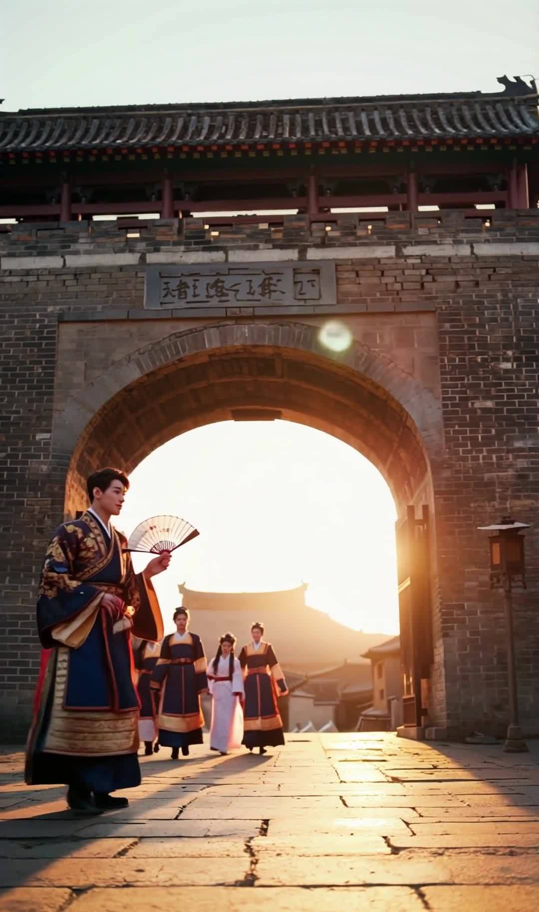 汉服青年古城相遇{执扇与花灯}