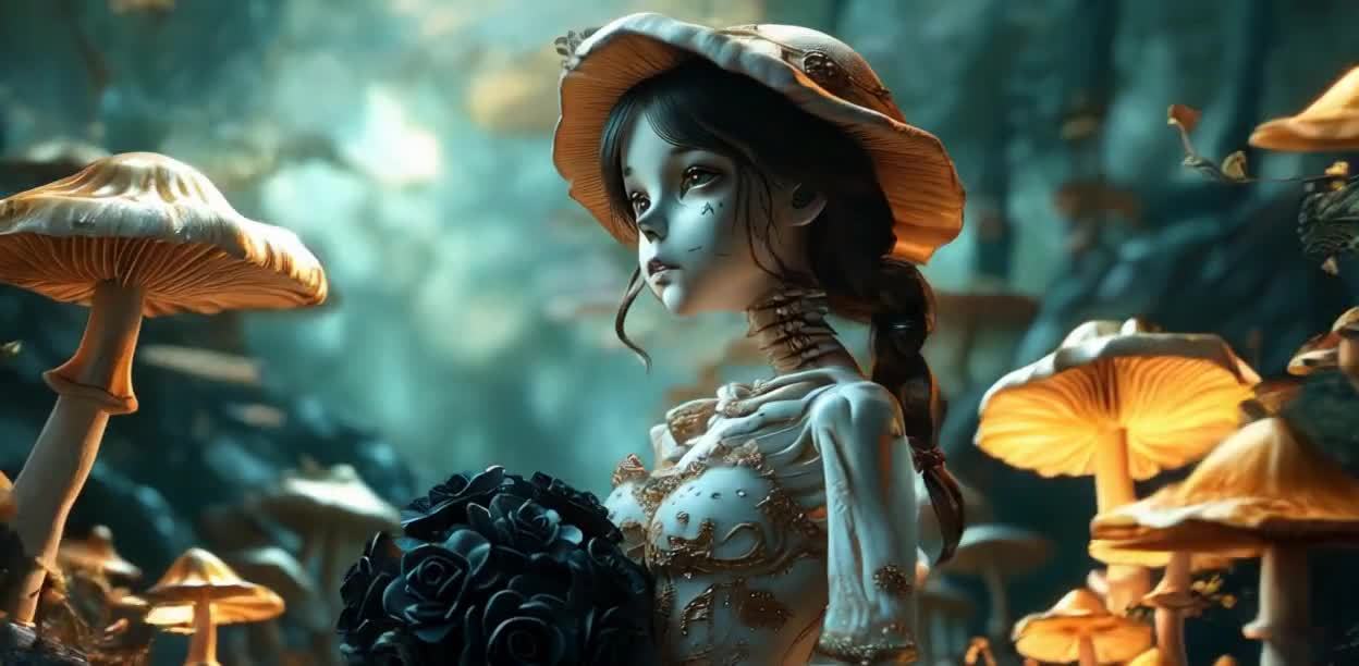 骷髅少女持黑玫瑰立于蘑菇丛中
