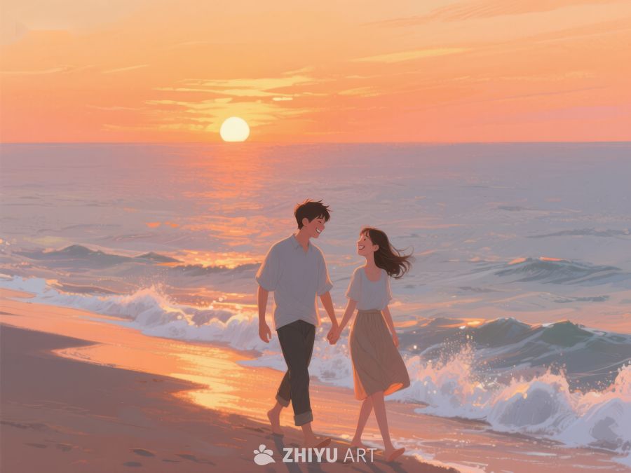 海滩日落下的情侣漫步 274
