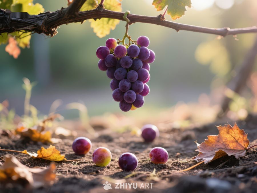 葡萄藤上的紫葡萄与散落的果实 339