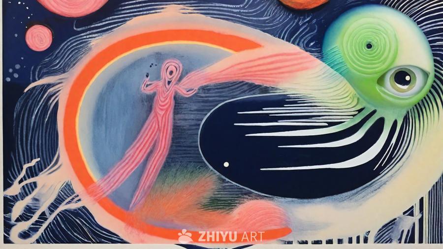 一个巨大飞行生物，同时具有人形和龙的特征。画面中呈