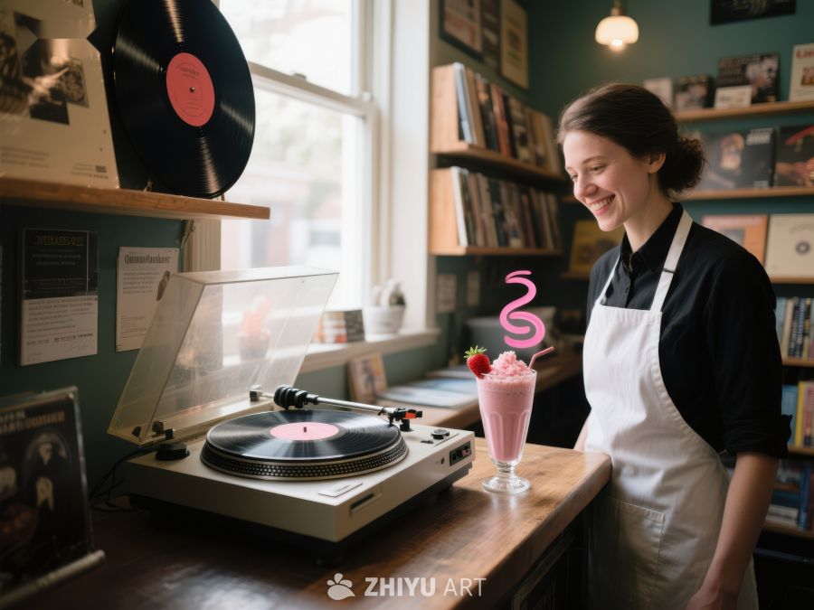 女子在唱片店享受奶昔与音乐 316