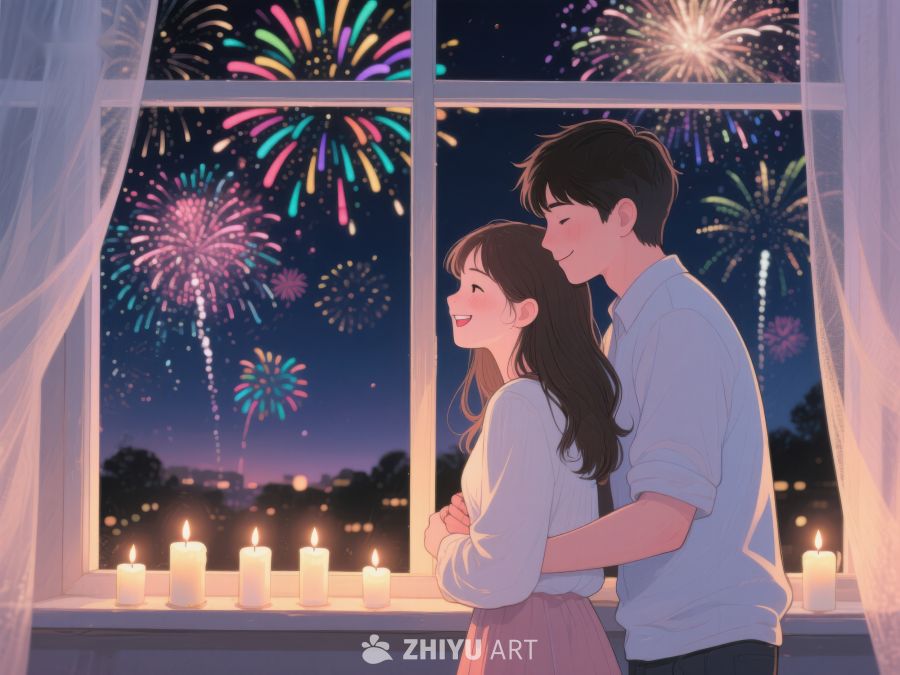 窗前情侣共赏烟花夜景 70